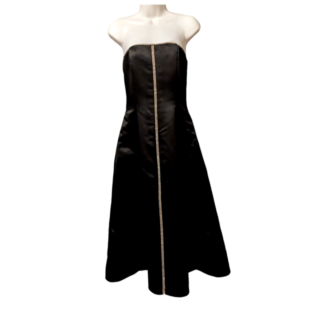 Jessica McClintock Black Prom Dress Vintage 80s Formal Gown Rhinestones Satin 4 - Picture 2 of 15